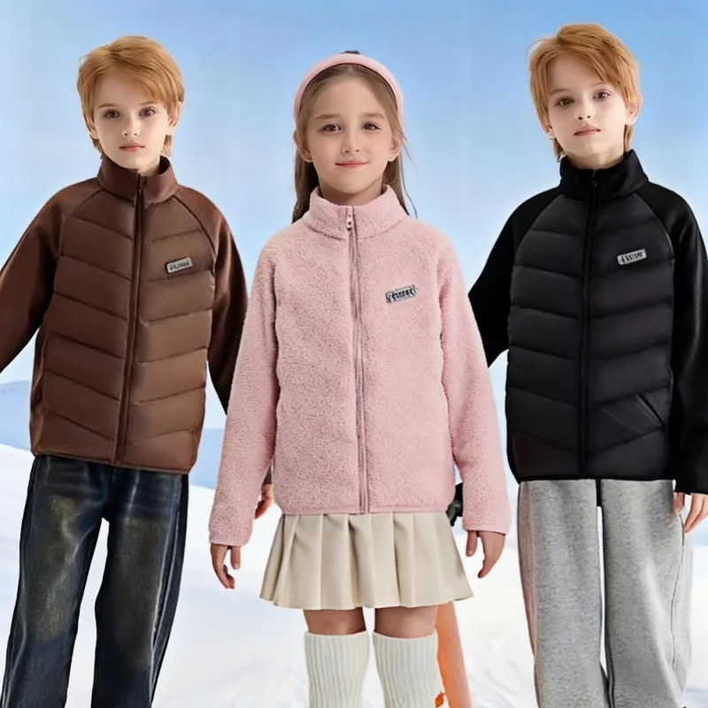 

Kids Winter Down Jacket With Fleece Sleeve Color Block Splicing Warm-keeping Down Jacket Children Windproof Breathable Jacket
