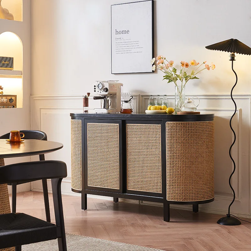Japanese-style rattan dining side cabinet, wabi-sabi wind household solid wood dining side cabinet, simple double-layer