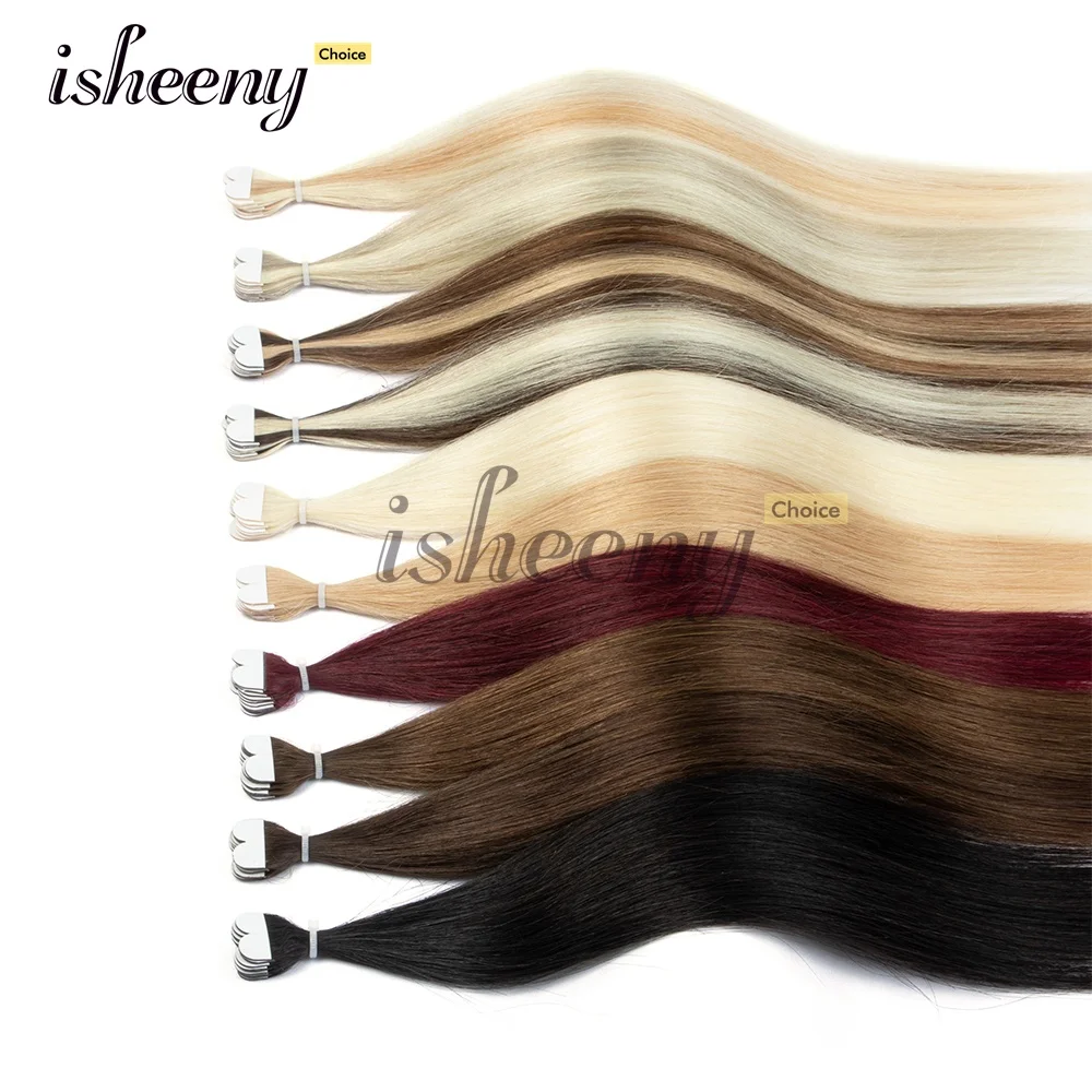 ISHEENY Mini Tape-In Echthaar 10 Stück 14 Zoll 12g/Packung 2 Clips Maschinen-Remy-Haarteile Geeignet für Frauen Zum Verlängern und Verdichten der Haare