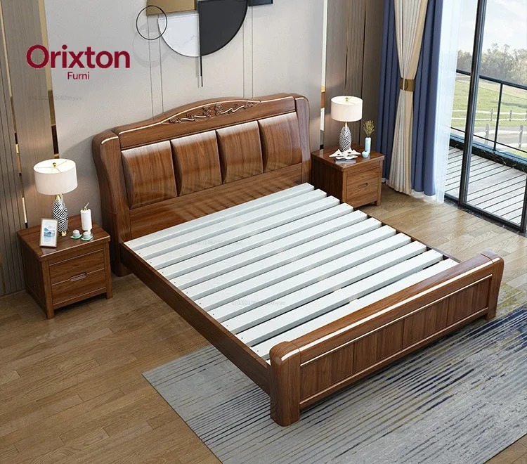 # Oriental-Style Solid Wood Bed, Walnut Wooden Bed Frame with Artistic Carved Headboard & Traditional Craftsmanship