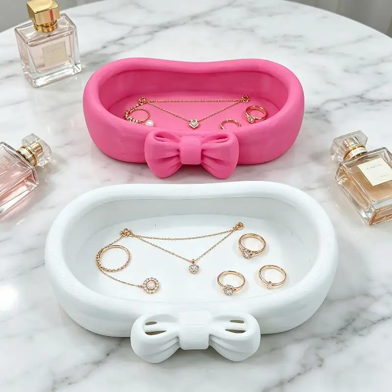 Cute Bow Bathroom Desk Organizer Pink Makeup Desk Tray Cute Toothbrush And Skincare Storage Box