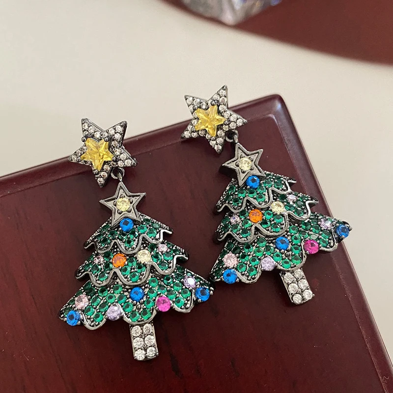 Christmas Tree Zircon Crystal Star Earrings Stud For Women Dangle  Xmas Party Fashion Jewelry Gift