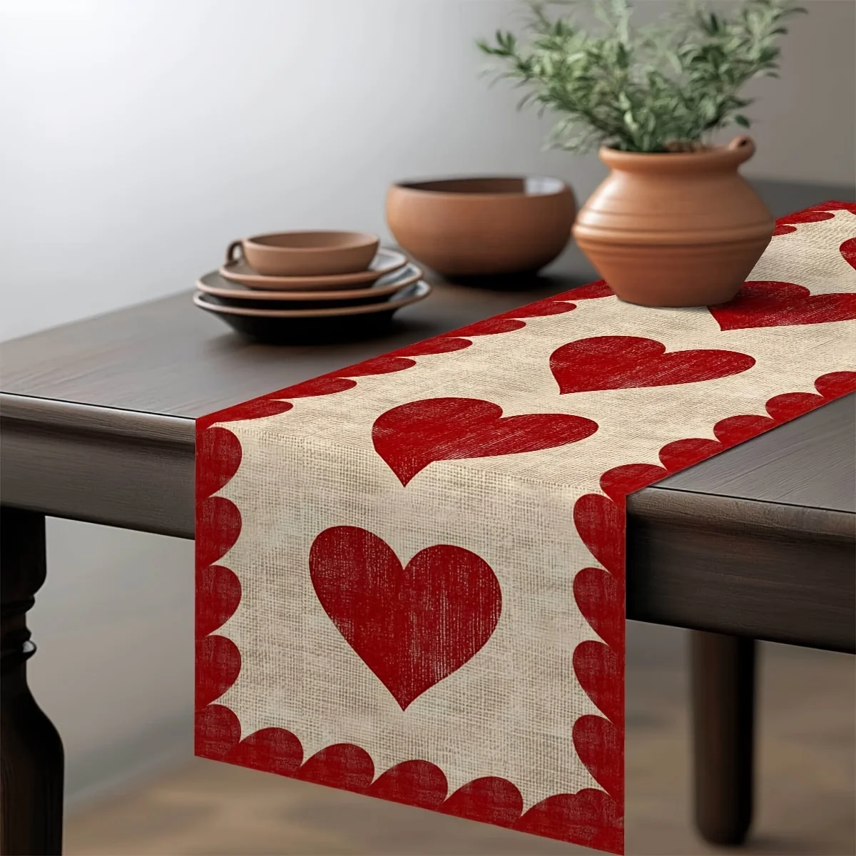 Bohemian Love Table Runner - Red and White Heart Geometric Print Valentine's Day Mother's Day National Day Holiday Home Decor Gi