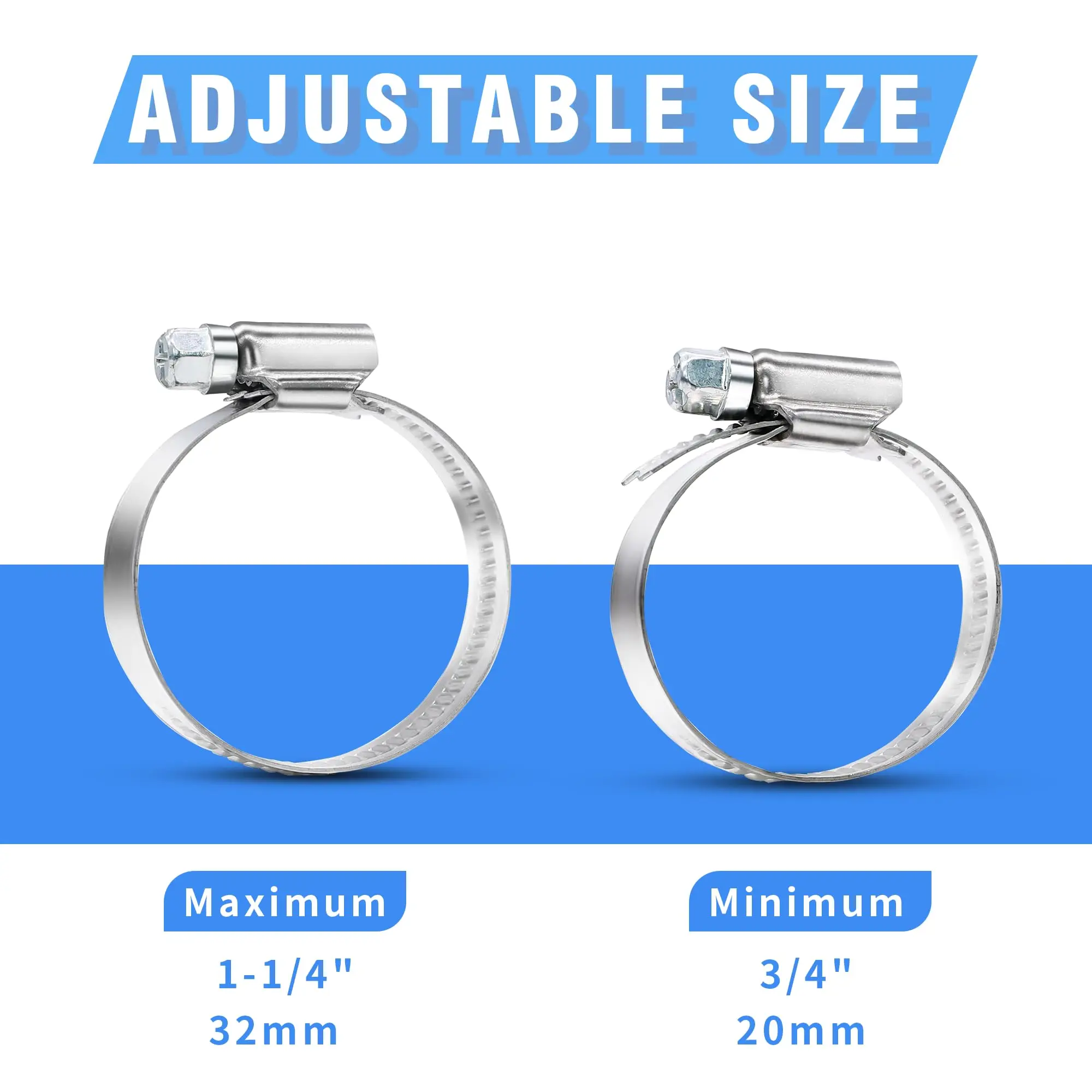 10pcs Adjustable Pipe Clamps 304 Stainless Steel Hose Clips Fuel Hose Clamps for Pipe Worm Drive Durable Anti-oxidation 8-70mm