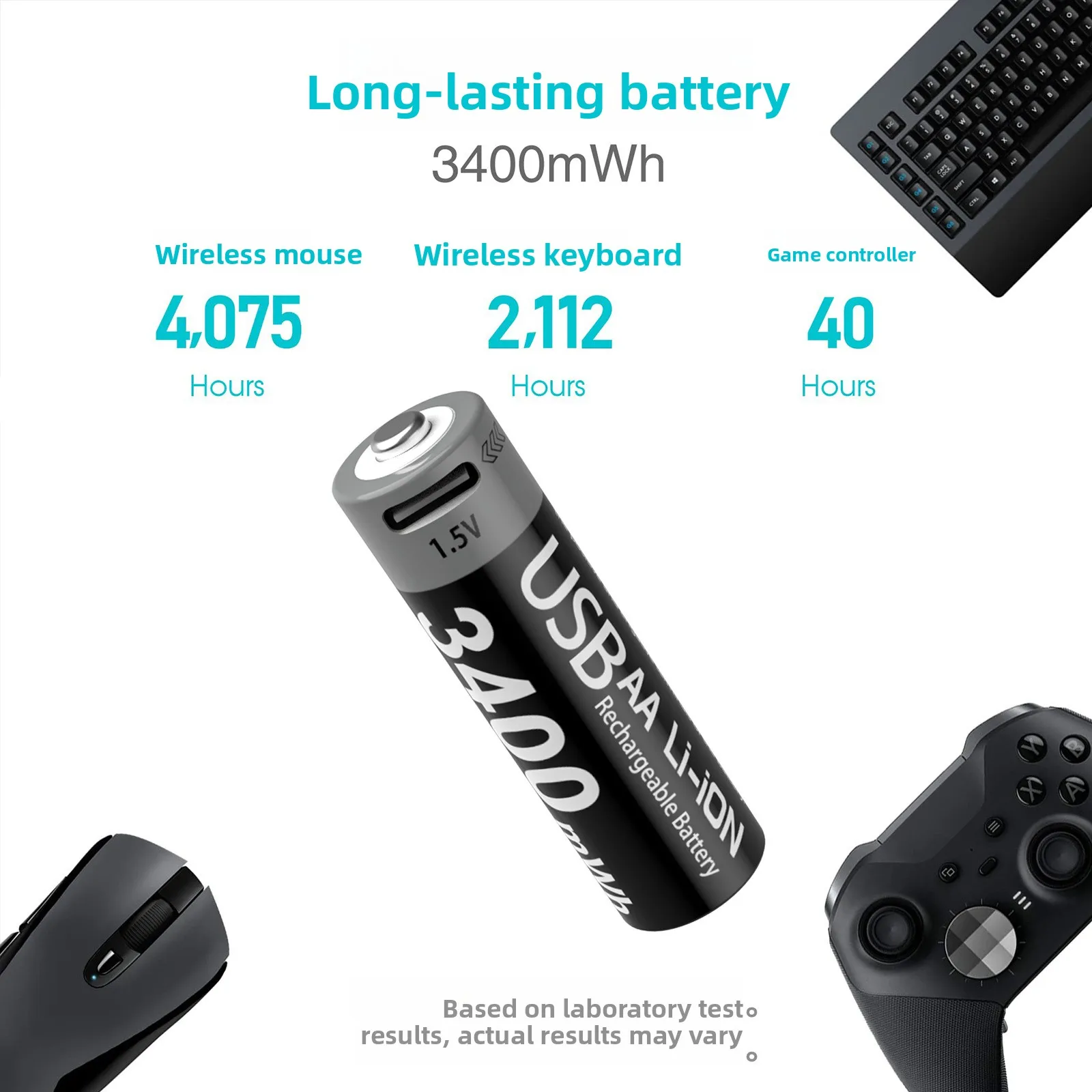 USB Rechargeable Lithium Battery,AA Size (No.5),1.5V Constant Voltage,3400mWh High Capacity,for Toys, Remote Controls and Mice