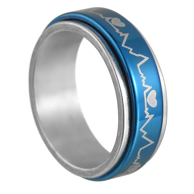 Blue Color Heartbeat Spinner Ring for Women Stress Release Accessory Anxiety Fidget Stainless Steel Lover's Wedding Band Jewelry