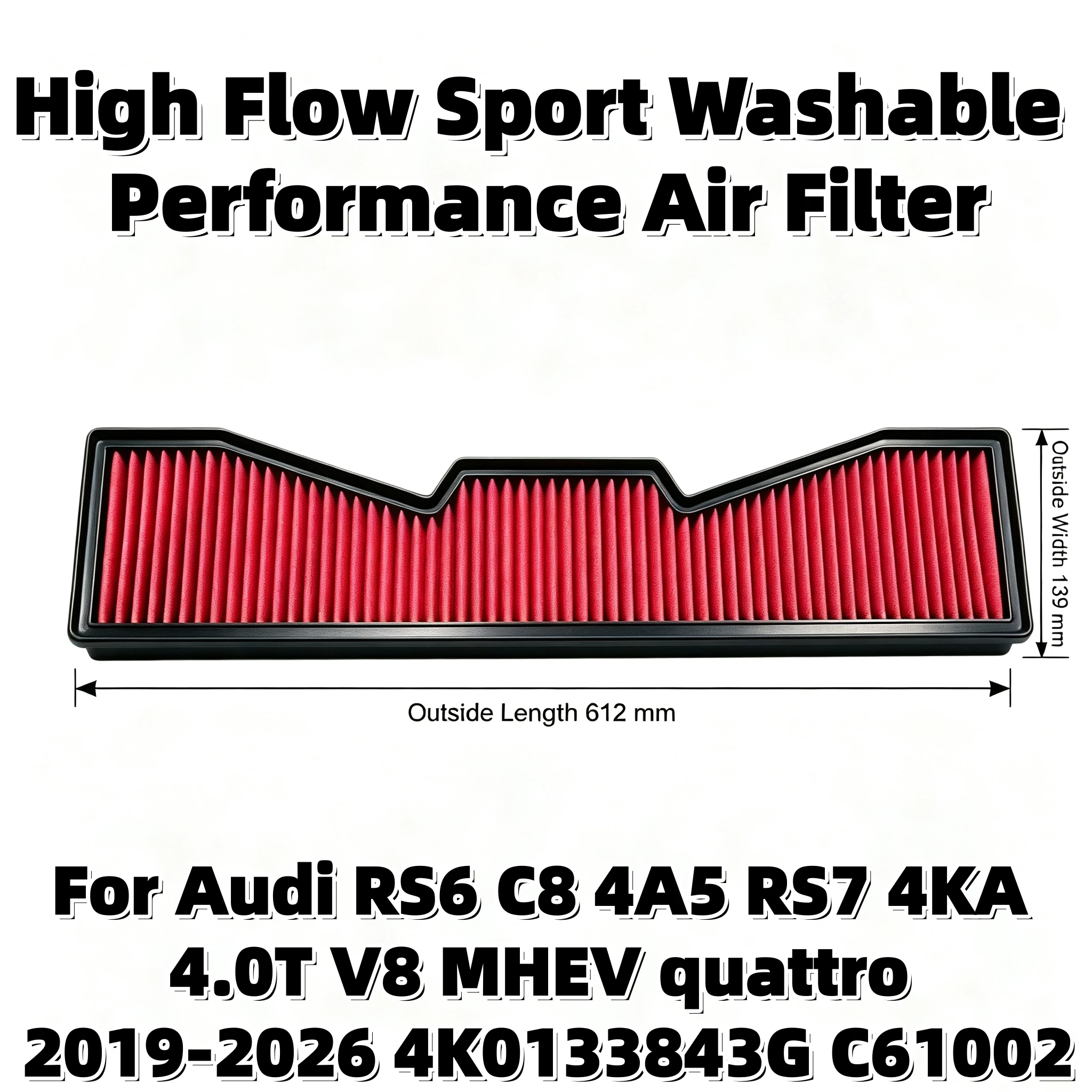 High Flow Sport Washable Performance Air Filter For Audi RS6 C8 4A5 RS7 4KA 4.0T V8 MHEV Quattro 2019-2026 4K0133843G C61002