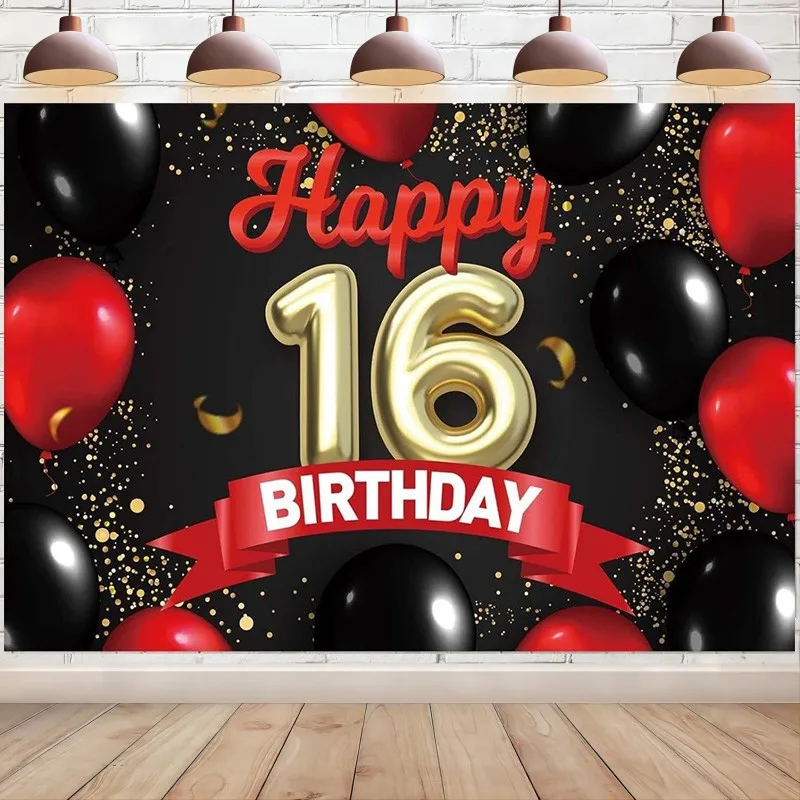 

Happy 16th Birthday Banner Gold Golden Backdrop Red and Black Balloons Princess 16 Years Party Photo Booth Background Decoration