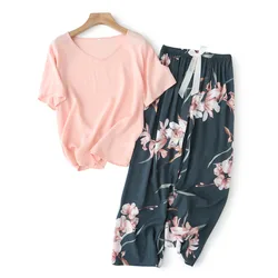 Conjunto de pijama respirável feminino, manga curta estampada, roupa de pijama solta, roupa casual feminina, 2 peças