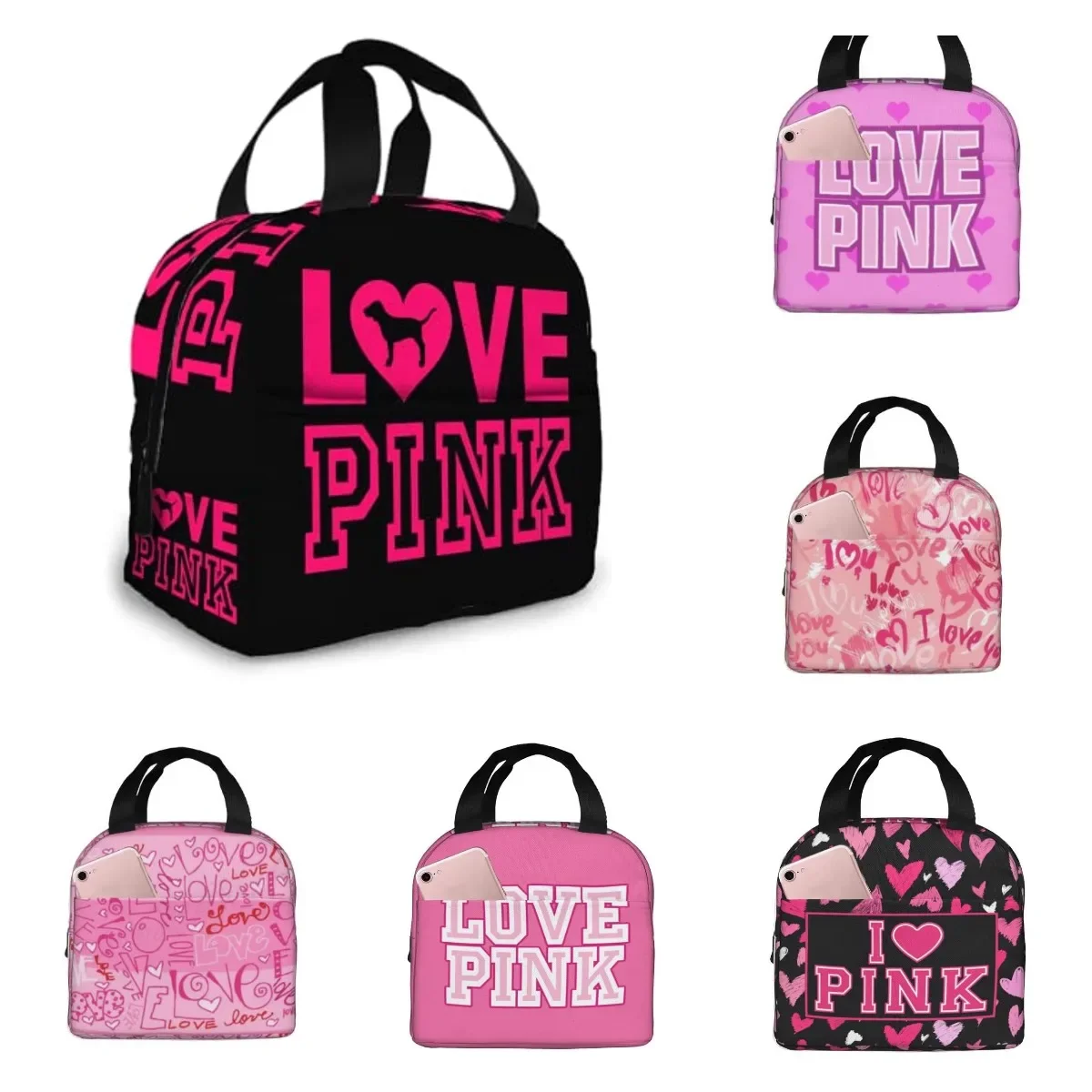 Love Pink Black Portable Insulated Lunch Bag Waterproof Tote Bento Bags Lunch Tote for Women Lunch Box for Work School Picnic