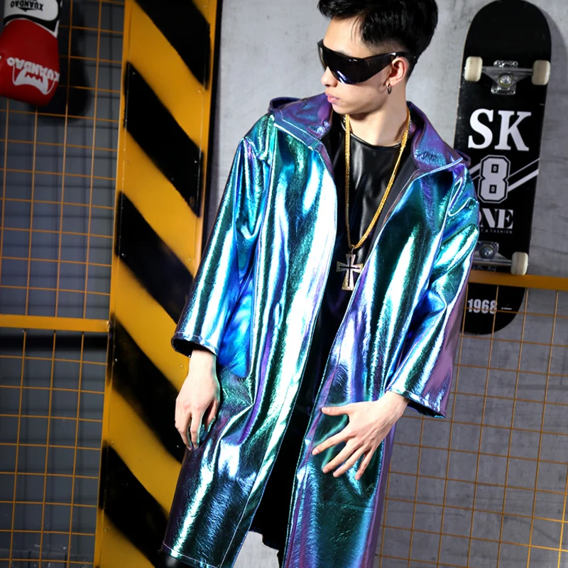 

Purple Blue Laser Long Coat Men Jazz Dance Costume Singer Hip Hop Dance Jacket Cloak Bar Nightclub Dj Ds Stage Wear XS7227