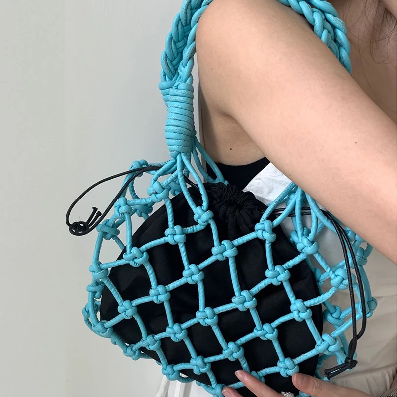 Handmade Weaves Handbags For Women Designer Luxury Retro Hollow Out Crochet Rope Woven Fishnet Bags Beach Mesh Tote Purses Small