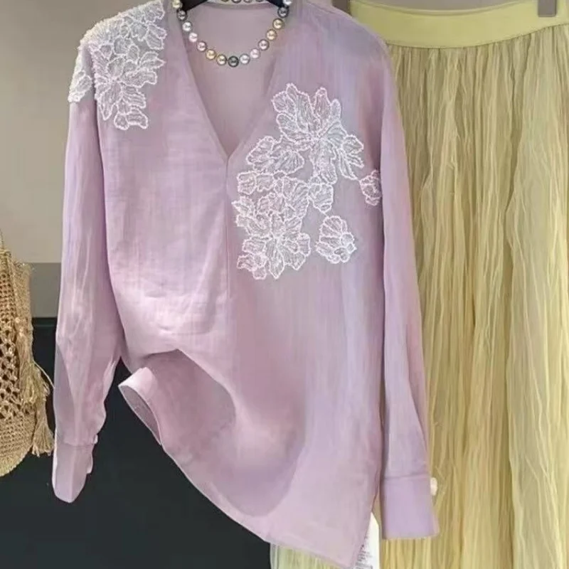 

French Vintage Pink Women Long Top Spring Loose V Neck Floral Embroidery Blouses Luxury Long Sleeve Linen Shirts