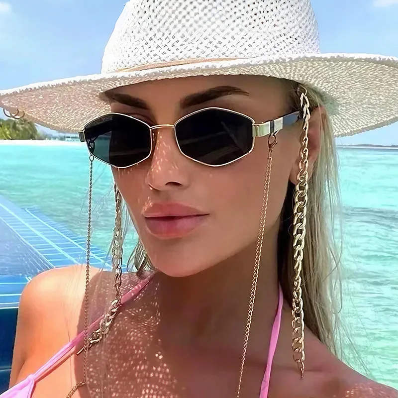 

Sexy small frame hexagonal sunglasses with chain for women new luxury brand designer glasses punk women's fashion sunglasses