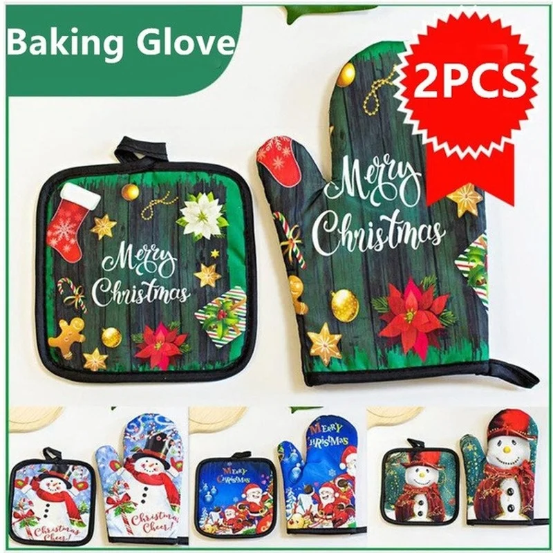 2Pcs/Set Kitchen Anti-Hot Gloves Christmas Microwave Glove Potholder Gloves Mitts for BBQ Insulation Gloves Oven Mitts Baking