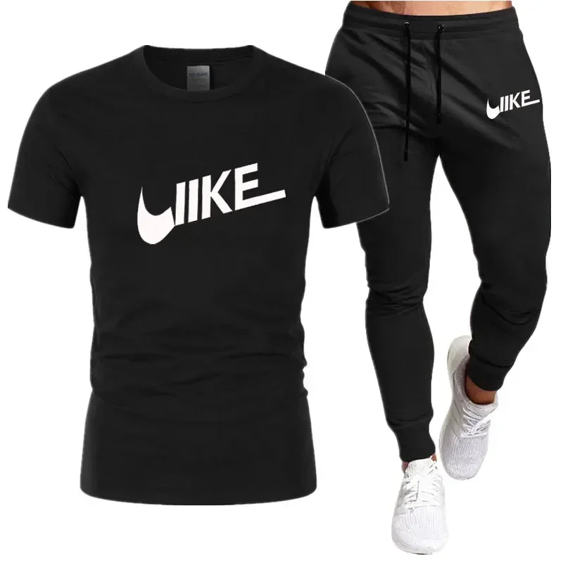 

Men's Shirt Tracksuit Two Pieces Sets Men Casual Fitness Sport Suit Short Sleeve T Shirt+Trousers Men's Casual Sportswear Suits