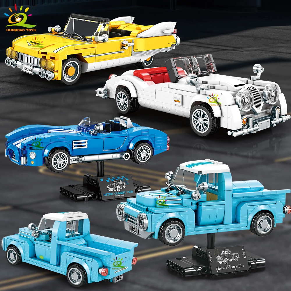 HUIQIBAO MOC Vintage Sports Car With Display Rack Building Blocks Set Retro Classic City Racing Truck Model Bricks Kit Ornament