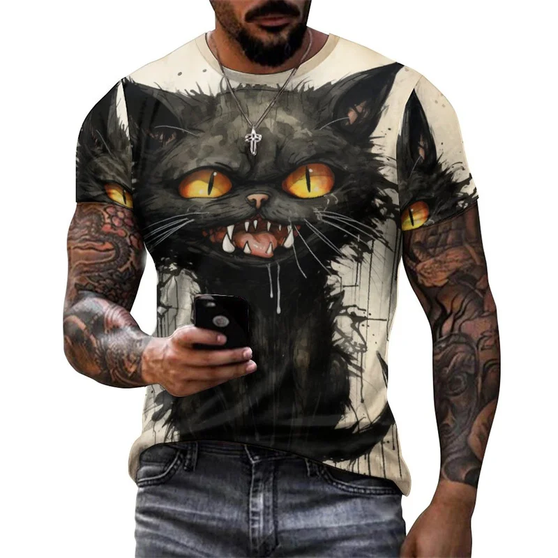 Strange Cat Graphic T Shirt Men Graffiti Animal 3D Printed Tees Summer Casual Breathable O-Neck Street T-Shirts Short Sleeves