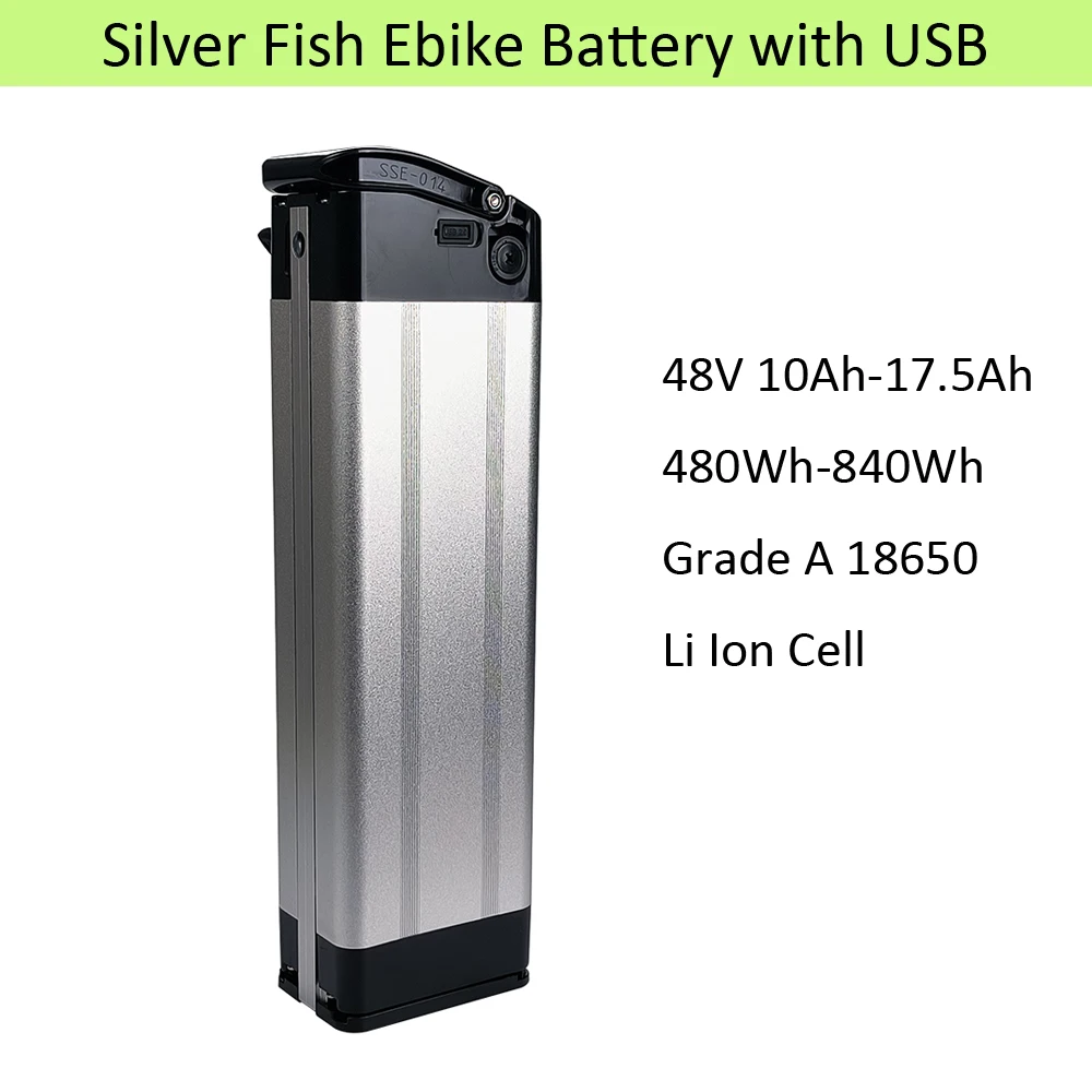 Kaki-Foldable Ebike Battery with USB Port, Silver Fish Battery, 48V, 10.4Ah, 13Ah, 15Ah, 16Ah, 17.5Ah, 500W, 750W, 1000W