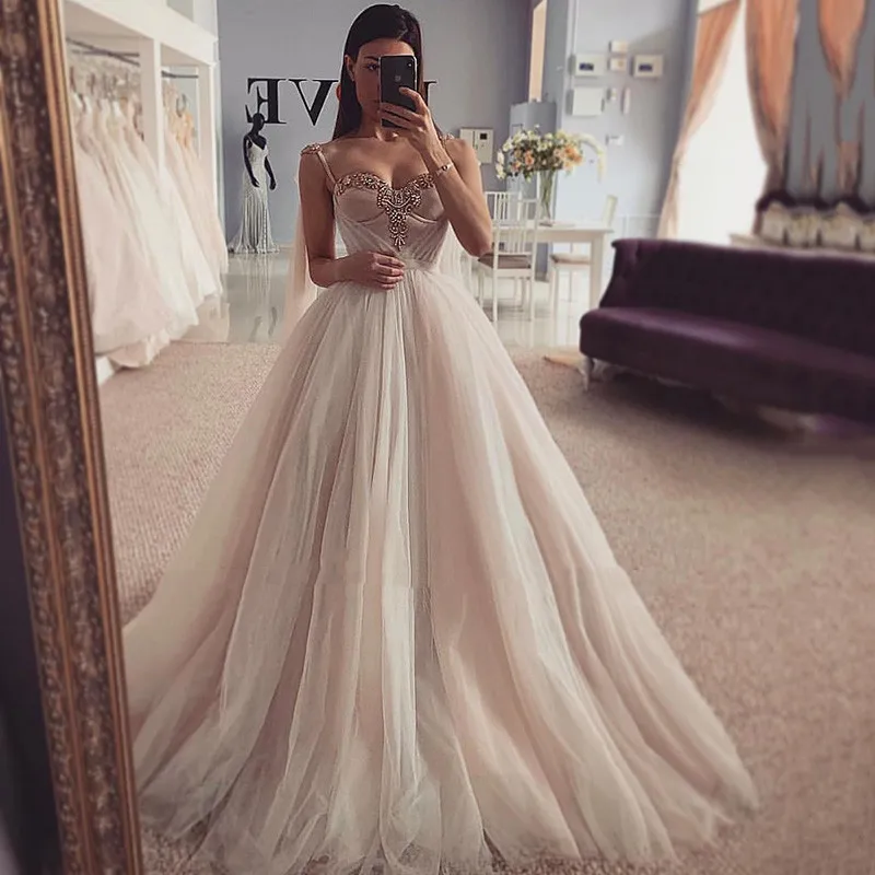 

Sexy Pleat Tulle Wedding Dresses Vestidos de Noiva 2022 Crystals Princess Bride Dress Church Beach Wedding Gowns Custom Made