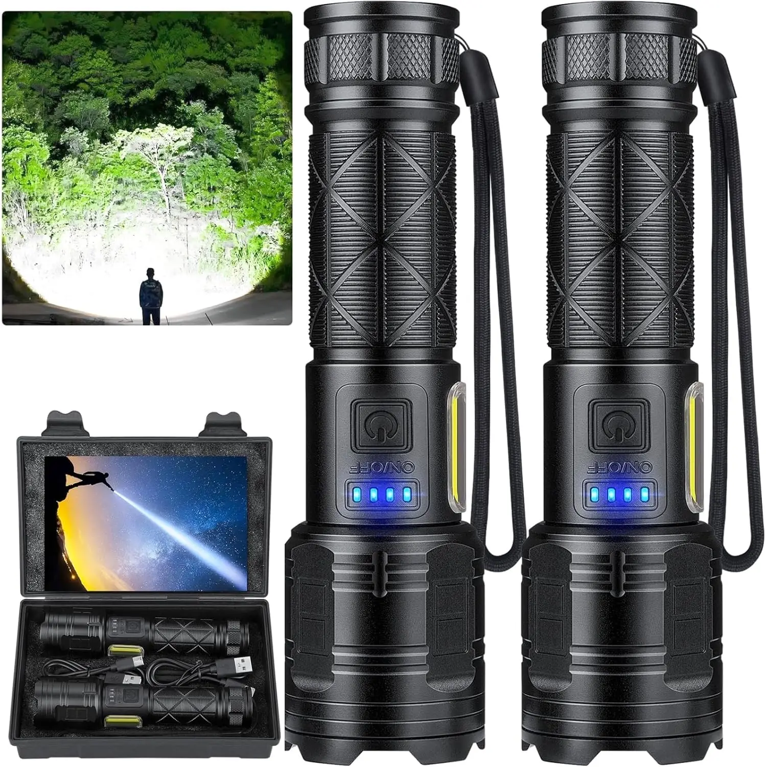 

99,000 Lumen Rechargeable LED Flashlight, 7 Modes, Waterproof, USB-C, Black
