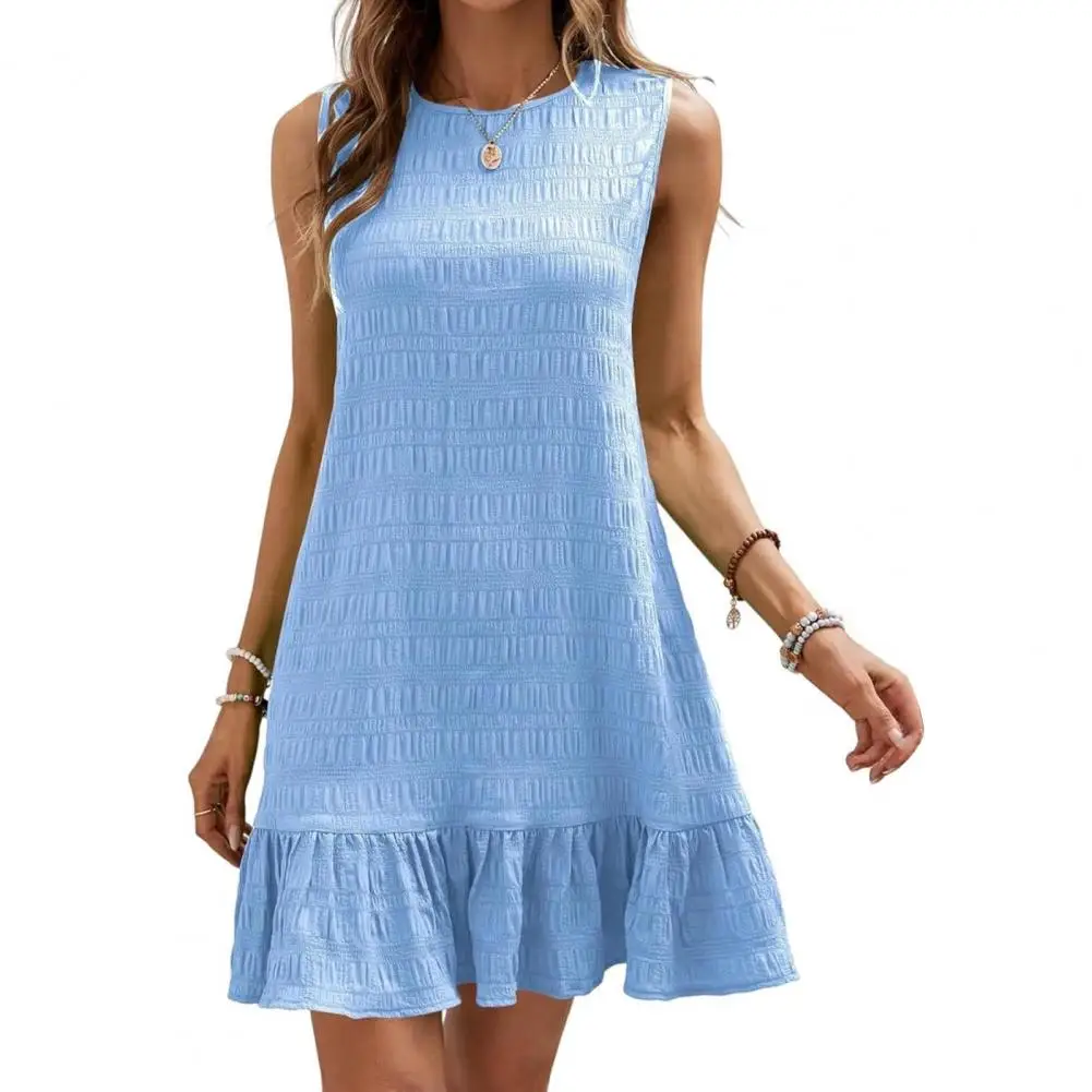 Pleated Dress Chic A-line Mini Dress with Pleated Ruffle Patchwork Hem for Summer Dating Shopping Round Neck Pleated