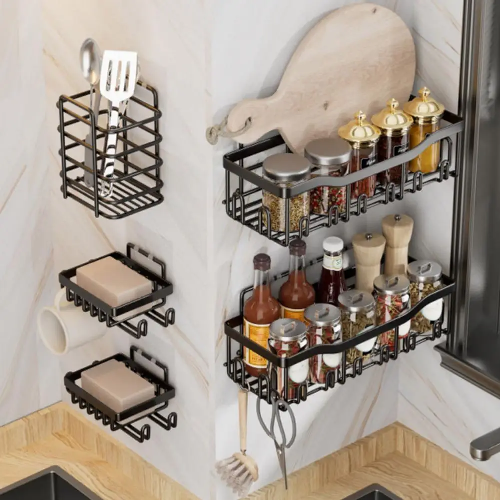 5Pcs Storage Racks Hollow Design Rustproof Strong Load-bearing Easy Installation Self-Adhesive Shower Caddy Soap Holders