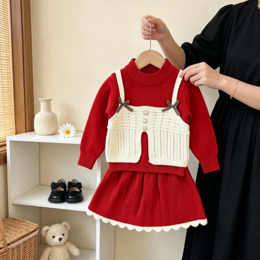 Red Christmas and New Year Girls' Clothes Fashion Holiday Two-piece Spliced Long Sleeved Sweater+Short Skirt Children's 2Pcs Set