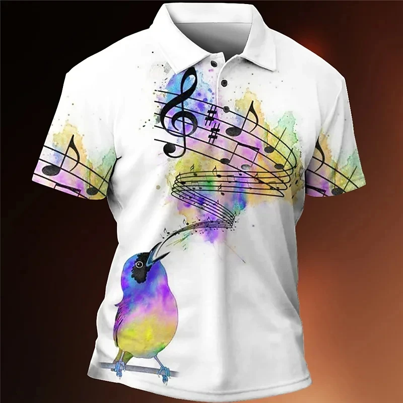 Music Note Pattern 3D Print Summer Men\'s Button Down Collar Polo Shirts Casual Short Sleeve Oversized Tops Fashion Men Clothing