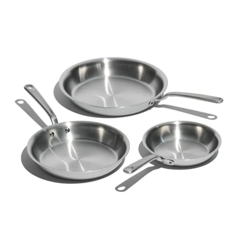 

Professional 3Piece Stainless Steel Frying Pan Set with 8inch 10inch and 12inch Pans for Home Kitchen Use 5Ply Clad Constructio
