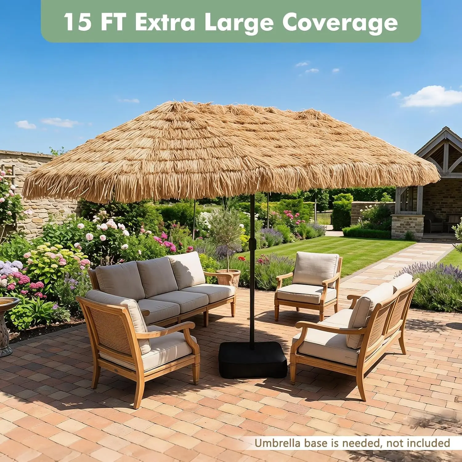 15 FT Tiki Patio Umbrella, Hawaiian Style Thatched Market Table Umbrella with PE Grass, Crank Handle, 12 Heavy-Duty, Customized