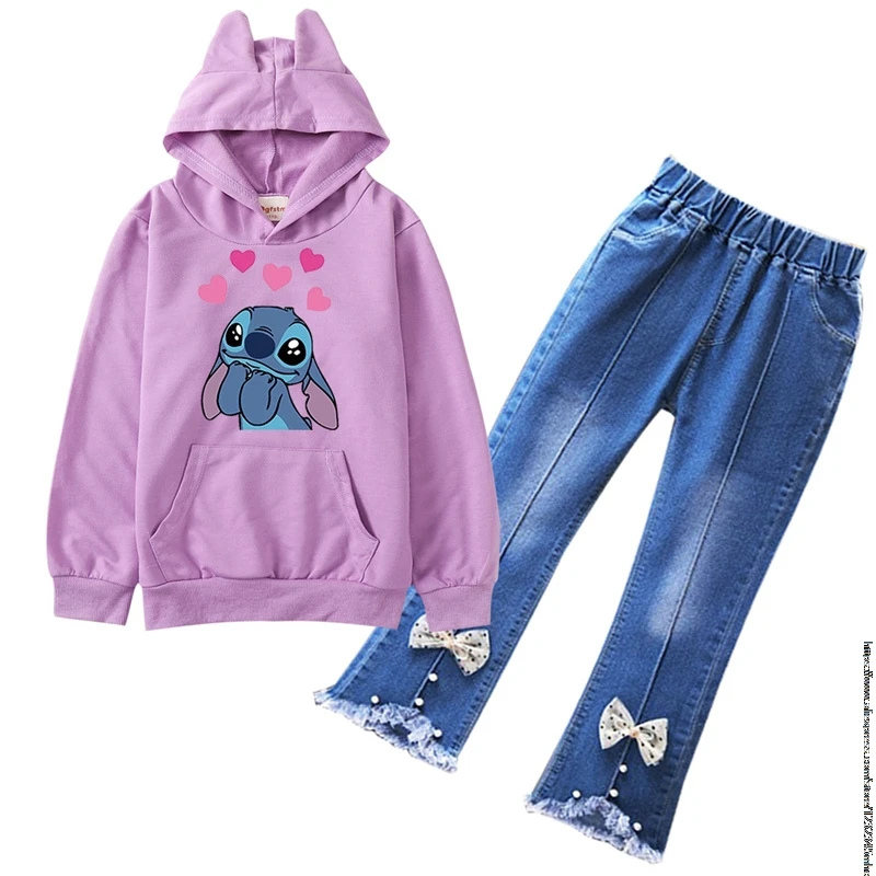 1-15Y Lilo And Stitch Baby Clothes 3D Printed Hoodies Kids Clothes Sets Autumn Toddler Girls Top+ Jean Pants Cotton Sweatshirt