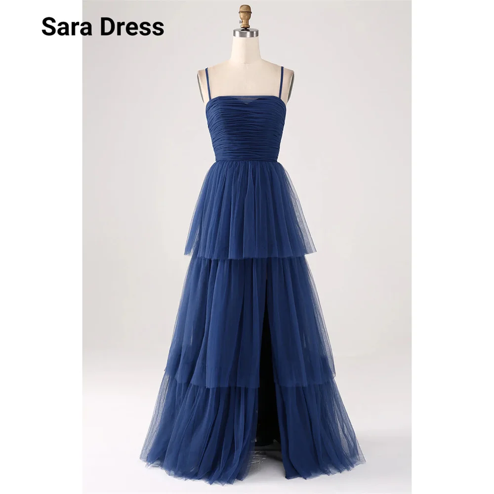 Sara Custom Blue Spaghetti Straps Side Slits Multi-layered Elegant Dresses for Women Long Party Dresses Luxury 2026 Formal Dress