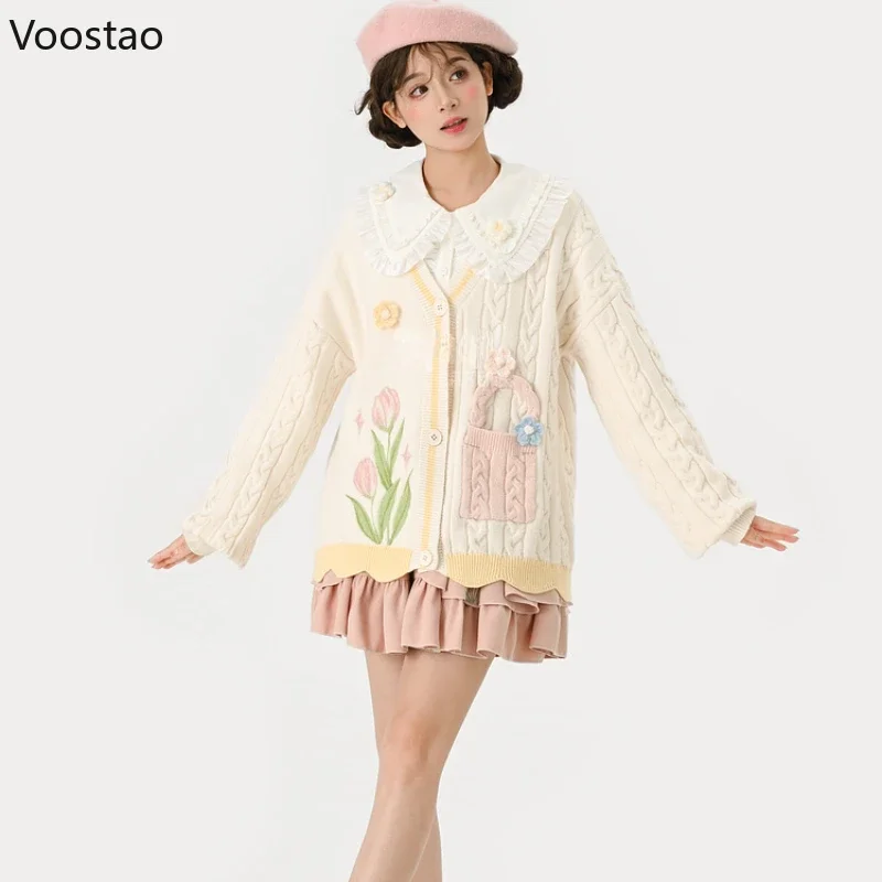 Mori Girl Style Sweet Knitted Cardigan Autumn Winter Women Kawaii Tulip Embroidery Sweater Coat Girls Cute Loose Knitwear Tops