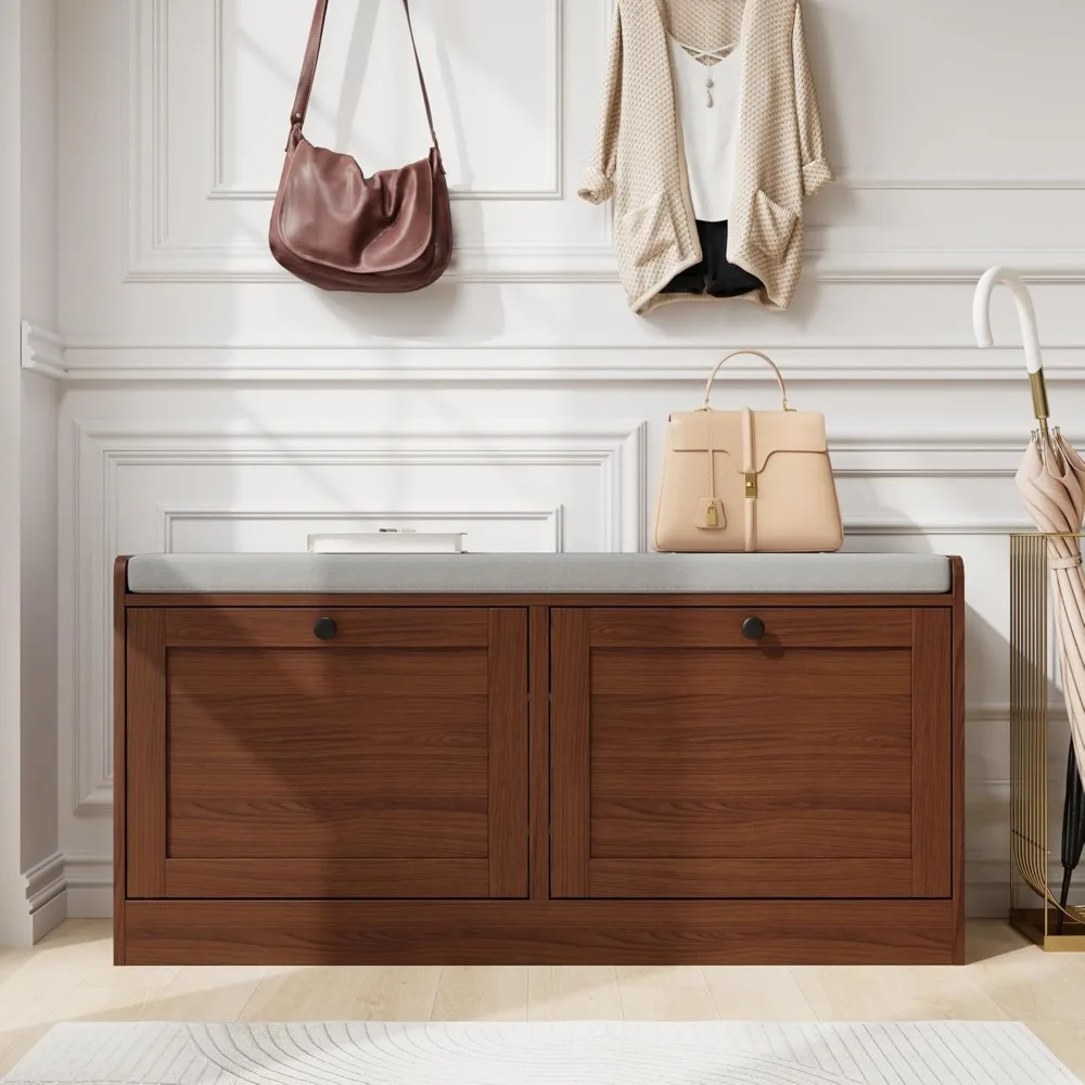مقعد تخزين خشبي معاصر مع مقعد مبطن وأدراج قابلة للطي لتخزين الأحذية في المدخل