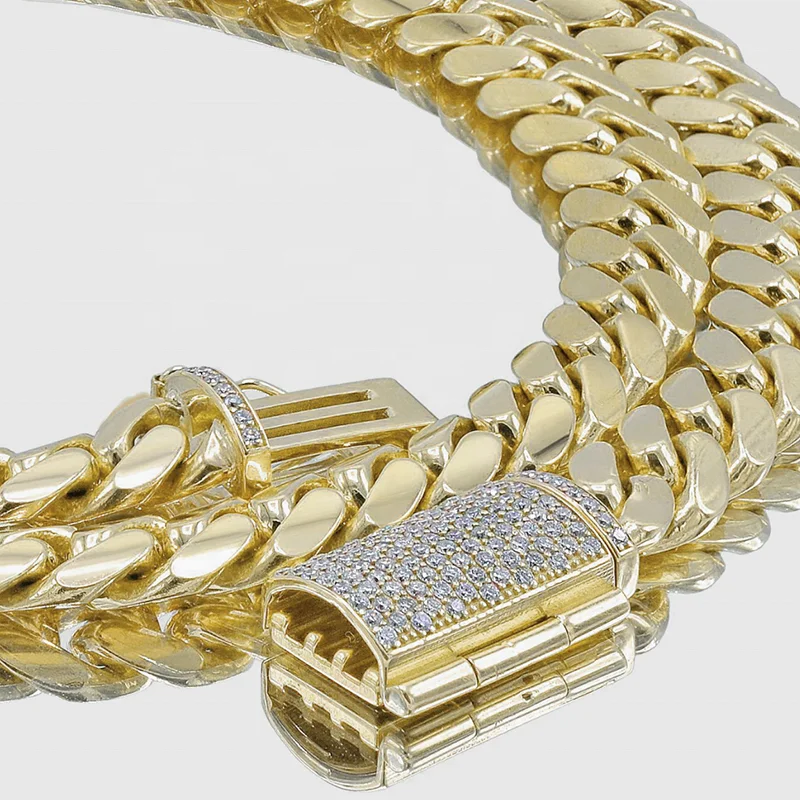 

Iced Out Diamond Clasp Thick Miami Moissanite Stainless Steel Gold Cuban Necklace