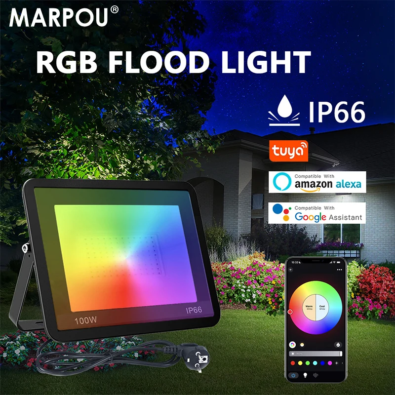 MARPOU LED 220V Tuya intelligent RGB spotlight outdoor lighting 30W 50W 100W adjustable light with voice control floodlight