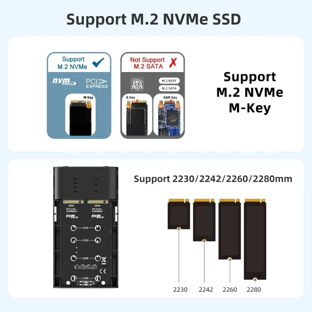 MAIWO Dual Bay Enclosure untuk M.2 NVMe PCIe SSD Enclosure dengan RAID0/1/PM/JBOD USB 3.2 Gen2x2 Type-C 20Gbps Kecepatan Kapasitas 16TB