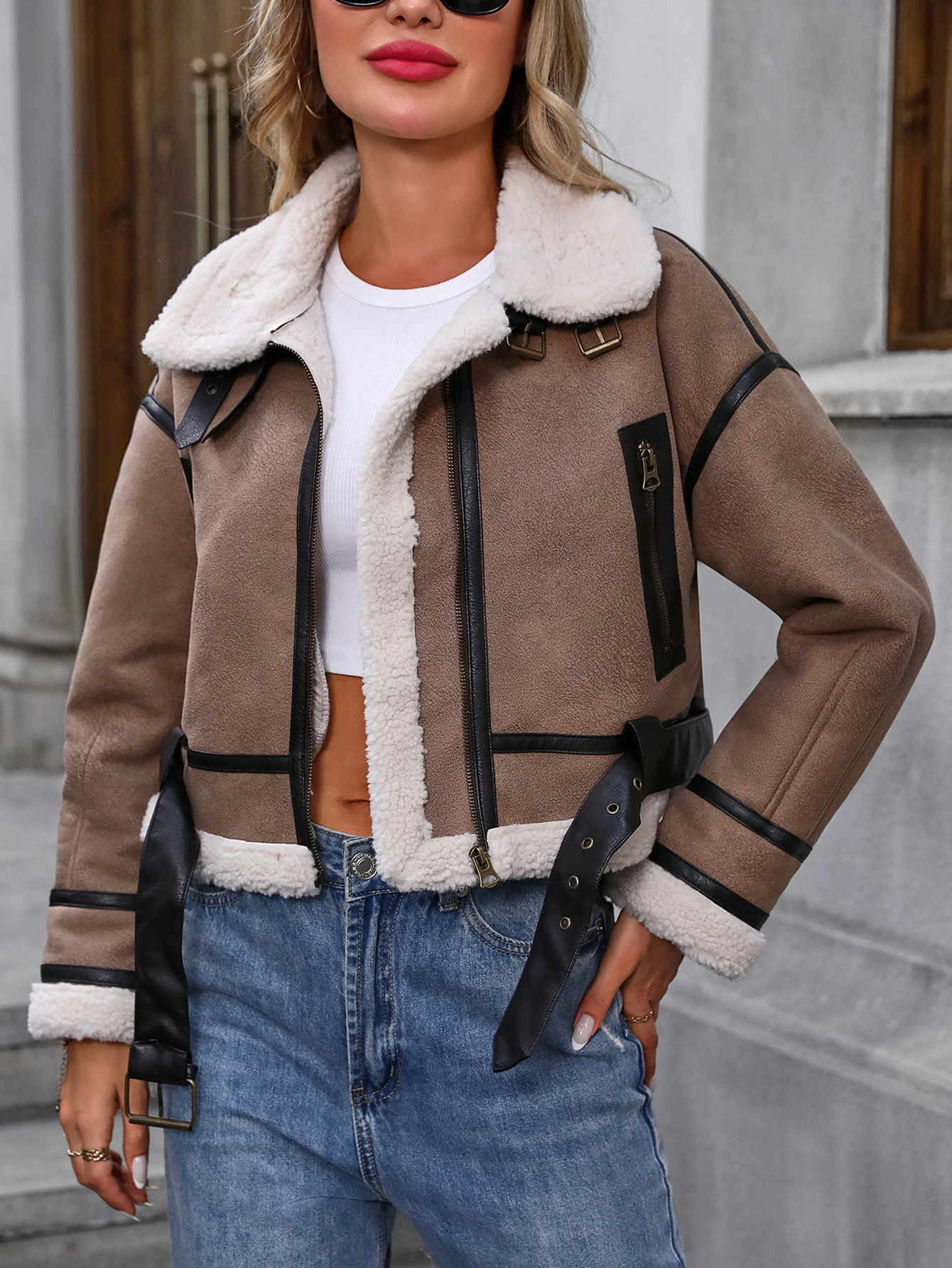 FTLZZ Veste en similicuir suédé pour femme, manteau patchwork en laine d'agneau, vêtements d'extérieur décontractés avec fermeture éclair à revers, hiver