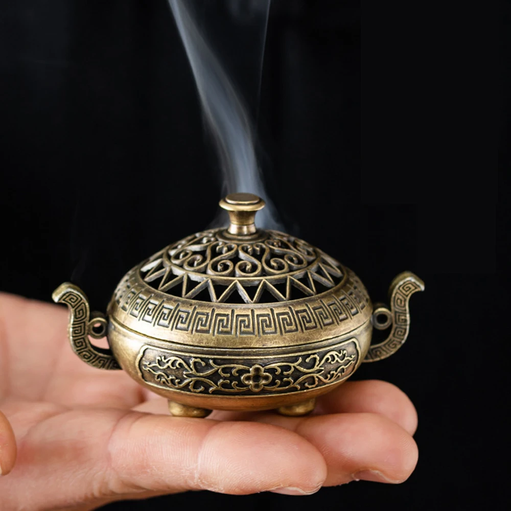 Antique Two-Ear Three-Leg Incense Censer, Cloud Pattern Coil Incense Burner, Household Indoor Aroma Desktop Decorative Ornament