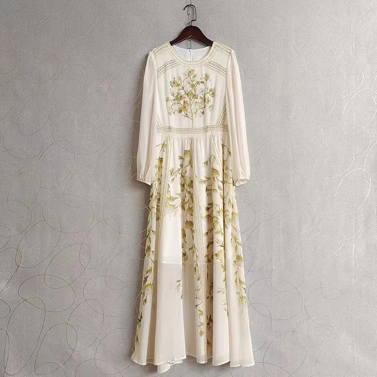 

Europe and the United States women's 2024 summer new Round neck Long sleeve beaded flower print Fashion pleated dress XXL
