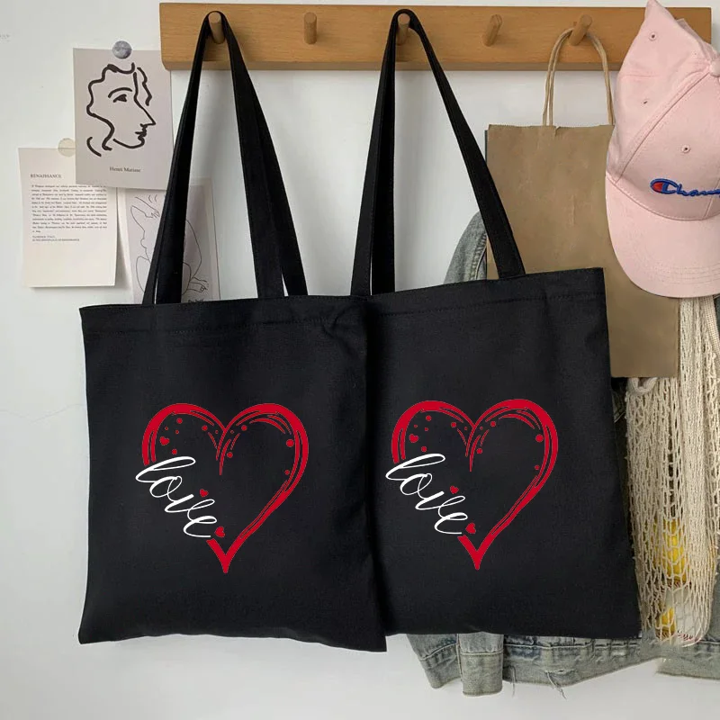 

2025 Red Heart Tote Bags Valentines Day for Lovers Specia Gift Couple Shopping Ecobag Foldable Canvas Shoulder Handbag for Women