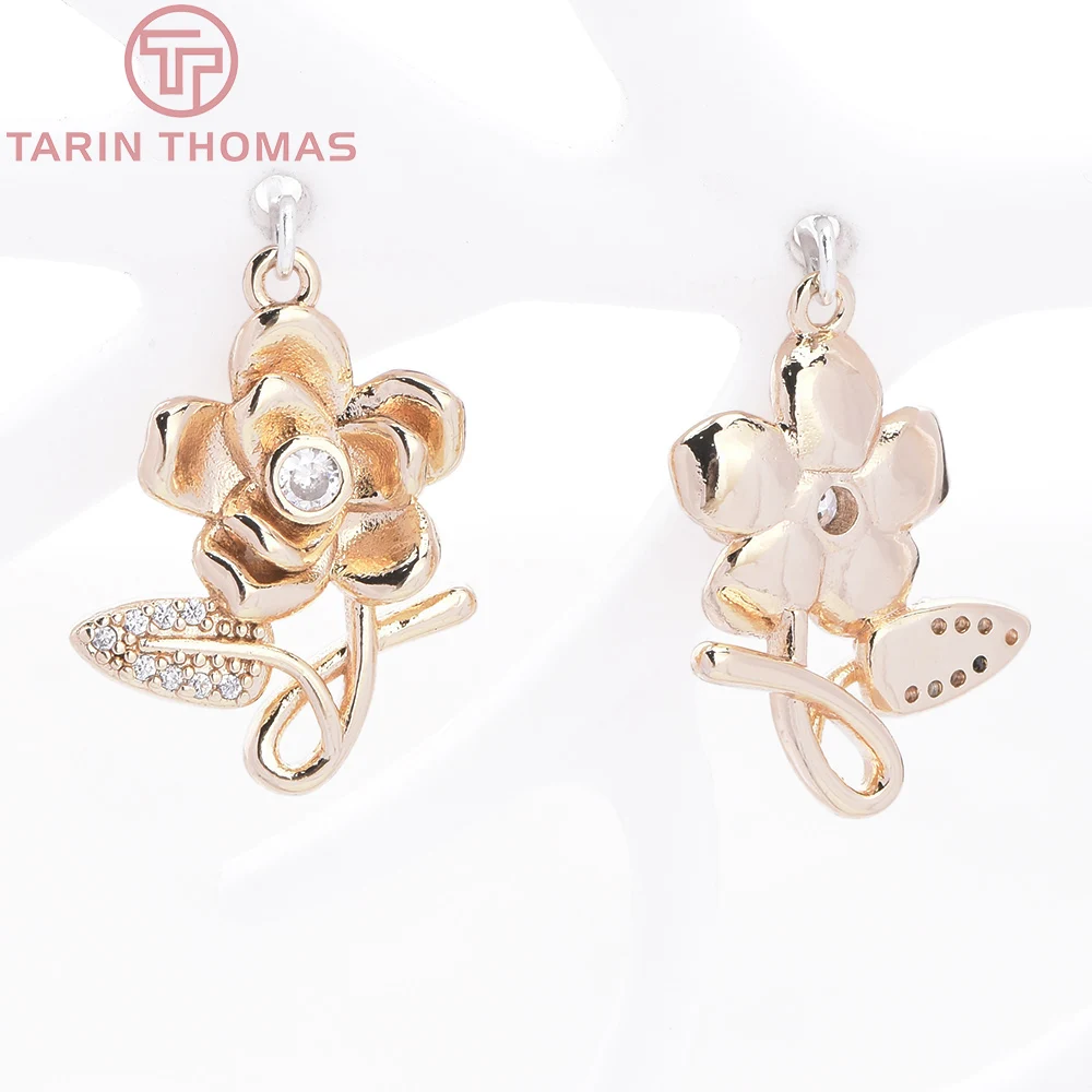 (9264) 4PCS 24K Gold Color Brass with Zircon Plant Series Flower Leaf Shaped Pendants High Quality DIY Jewelry Making Findings