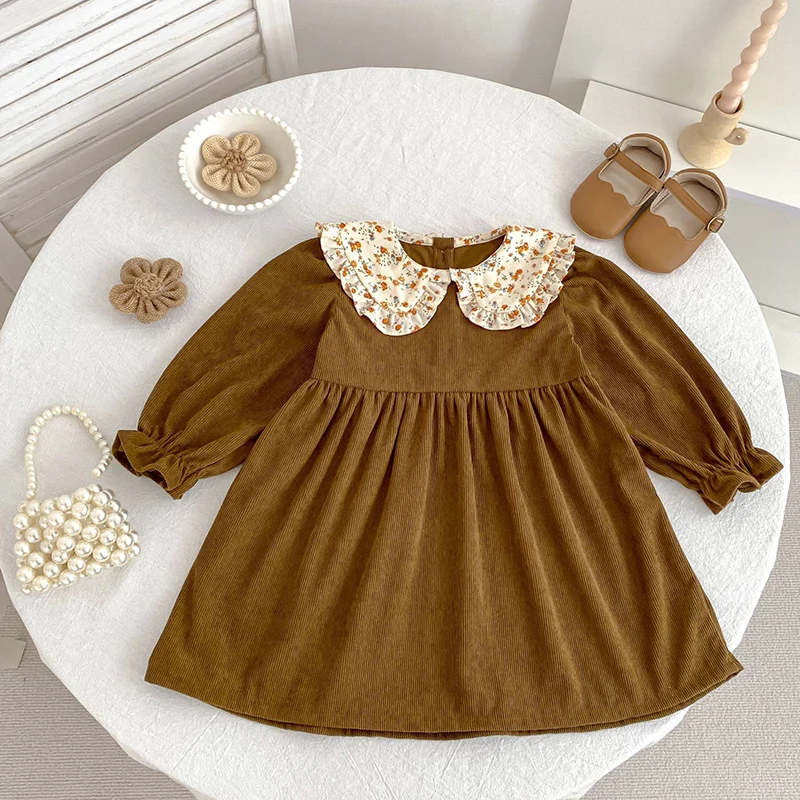 خريف جديد الفتيات فستان 1-6Y دمية الرقبة سروال قصير الزهور فستان الربيع الأطفال الفتيات طويلة الأكمام الأميرة موضة فستان لطيف