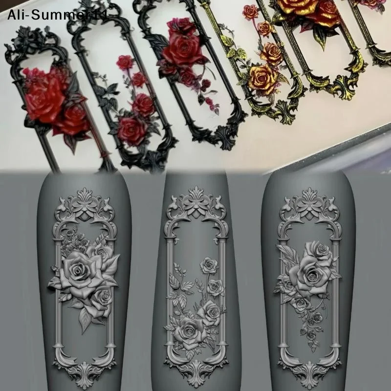 【Wq0】1 Stück Retro 3D Nagelstempel Fensterrahmen Rosenblumenrahmen Nagelstempel 3D Schnitz-Silikonform DIY Maniküre Dekorationswerkzeuge