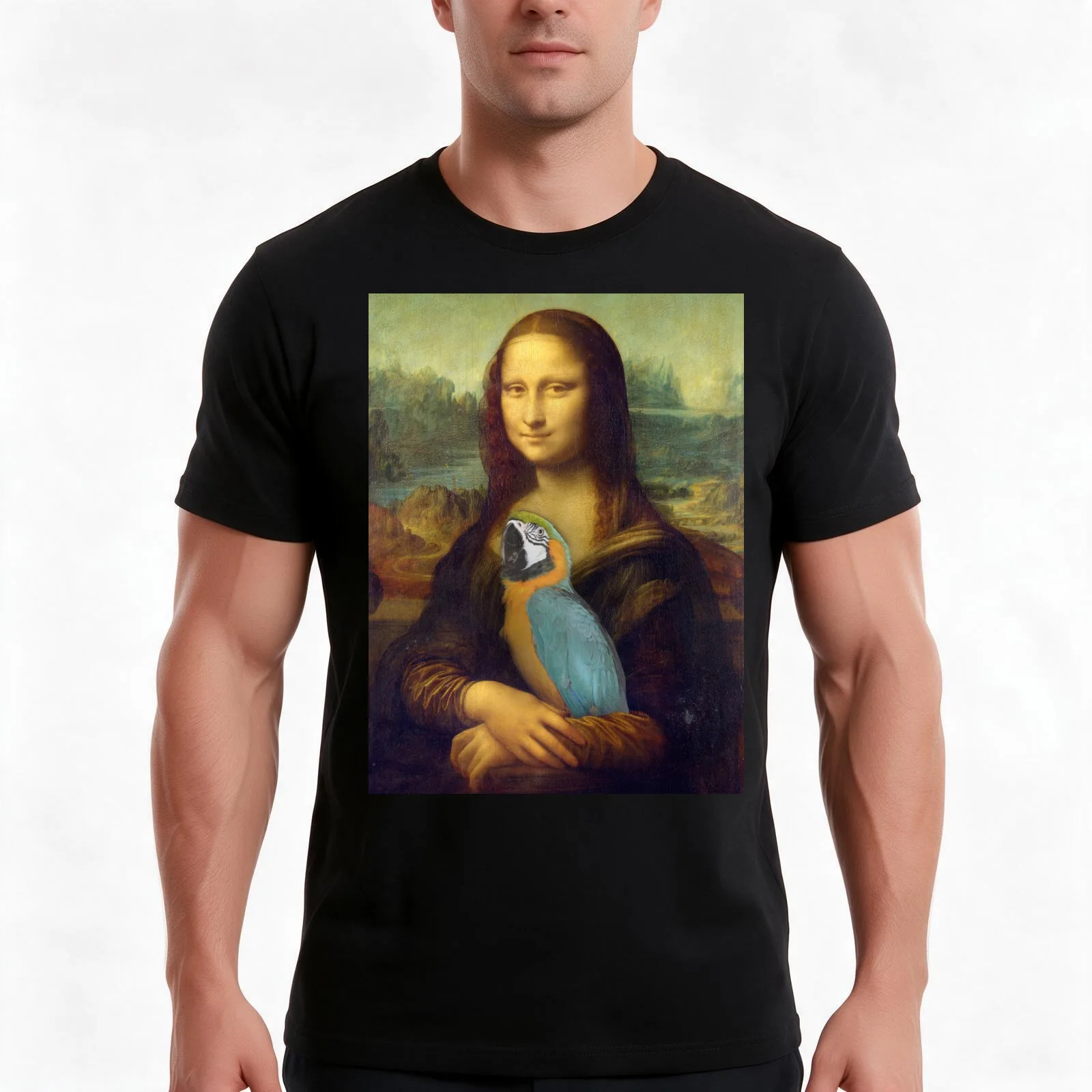 Mona Lisa and Blue Gold Macaw T-Shirt Summer Casual Cotton Tee Oversized Streetwear Tops Vintage Graphic Print 100% Cotton