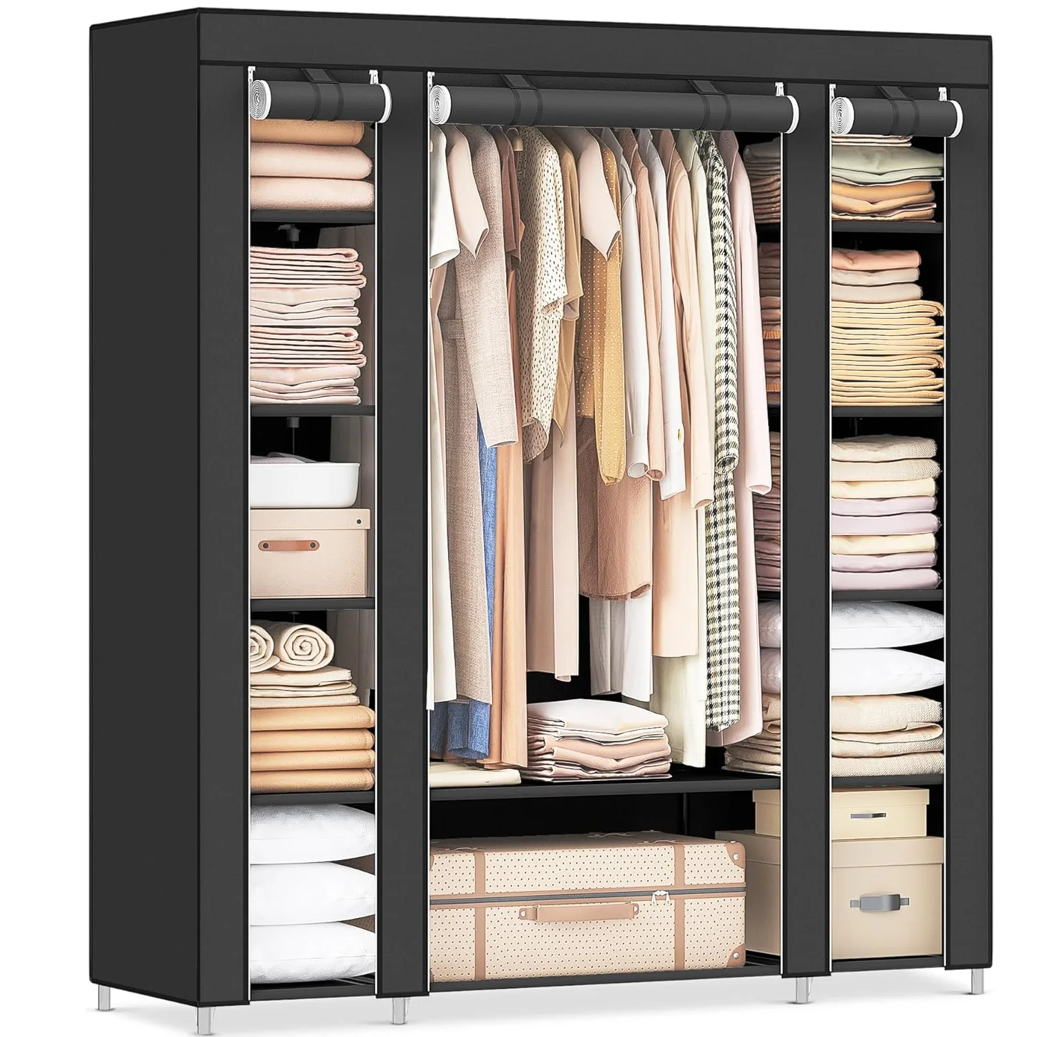 Image of Aufbewahrungsschrank aus Vliesstoff, Kleiderschrank mit Abdeckung, Kleiderschrank, Garderobe, Kleiderständer, 45x150 cm, 12 Fächer, Metallrahmen, für Schlafzimmer, Garderobe, Schwarz
