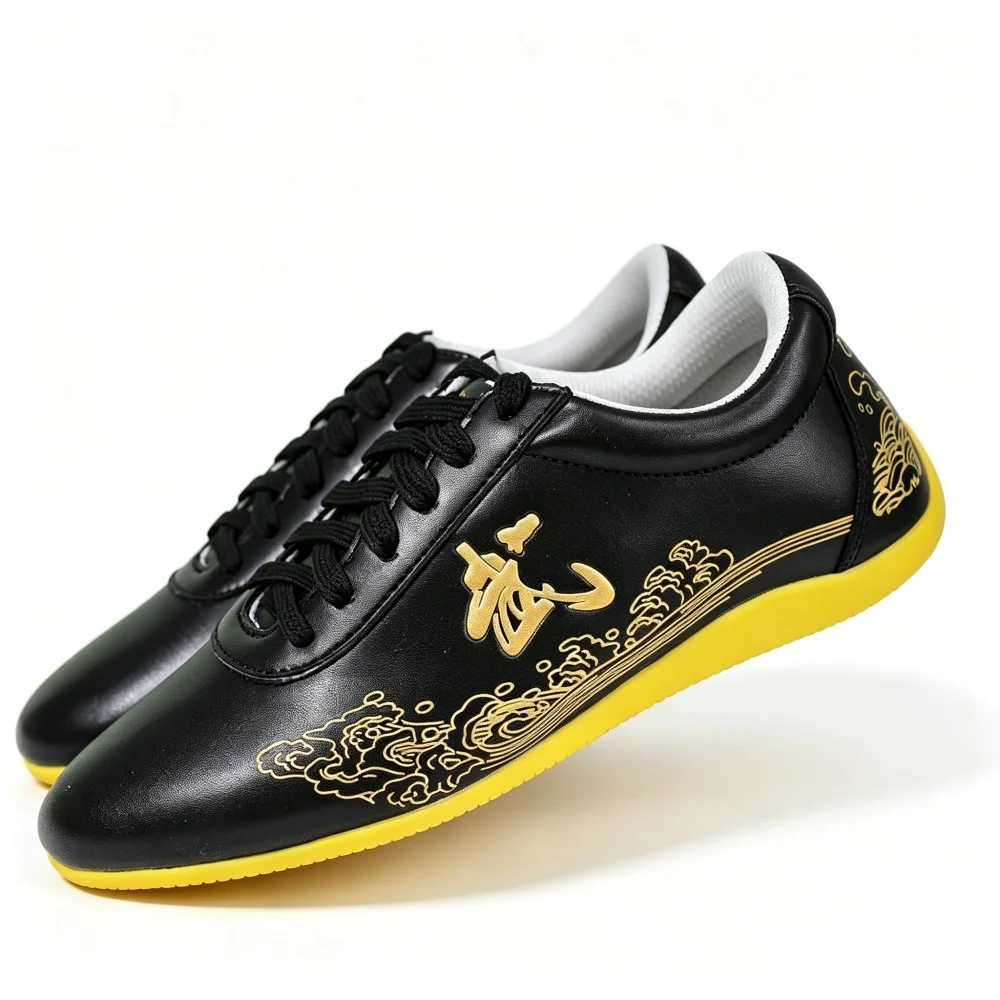 

Men Women Genuine Leather Wushu Tai Chi Shoes Golden Wu Pattern Soft Non-slip Yellow Sole Martial Arts Kung Fu Training Sneakers