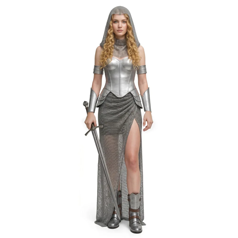 Medieval Women Knight Cosplay Retro Chain Mail Hooded Armor Top Skirt Bracelet Outfits Halloween Carnival Party Suit for Female - view 5