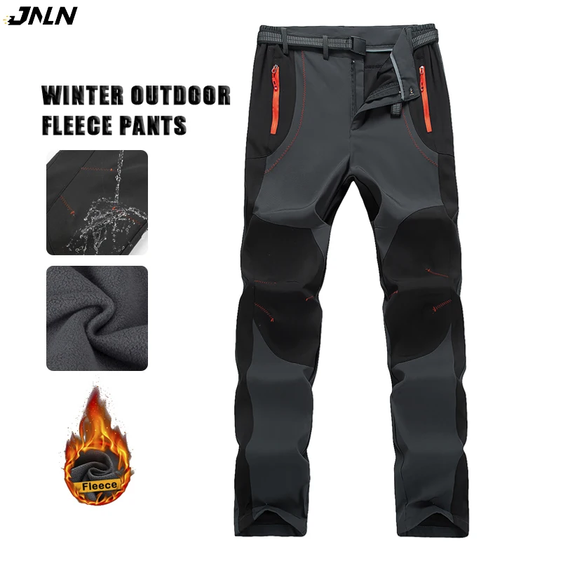 JNLN Men Winter Fleece Ski Pants Warm Waterproof Snowboard Pants Outdoor Camping Climbing Soft Shell Windproof Ski Trousers